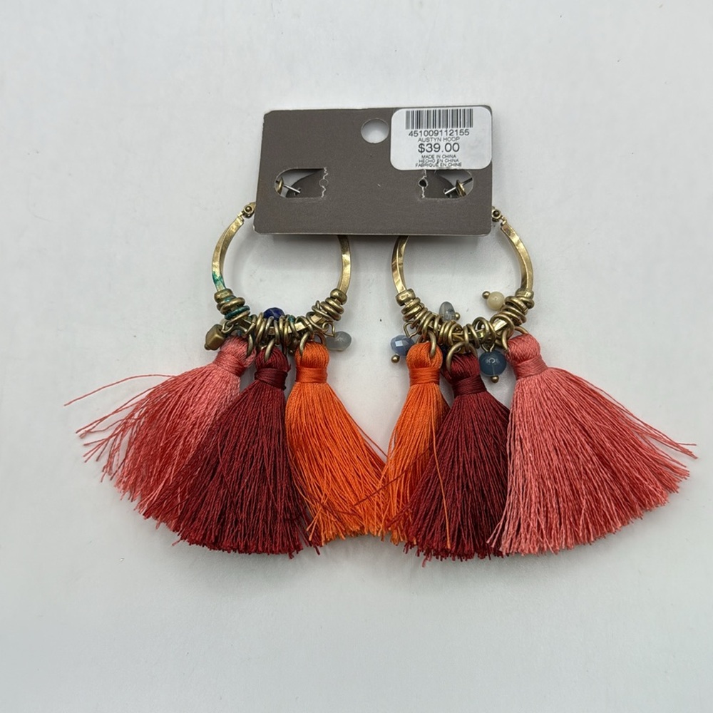 NWT Chicos Multicolor Tassel Hoop Drop Dangle Earrings Boho Hippie Orange Pink - Picture 2 of 8